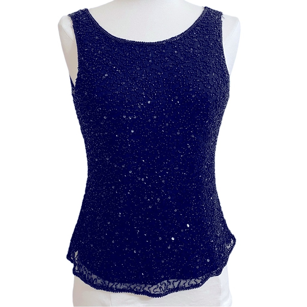 VINTAGE Black Sequin Tank Style Top Deep Scoop Back Size 6